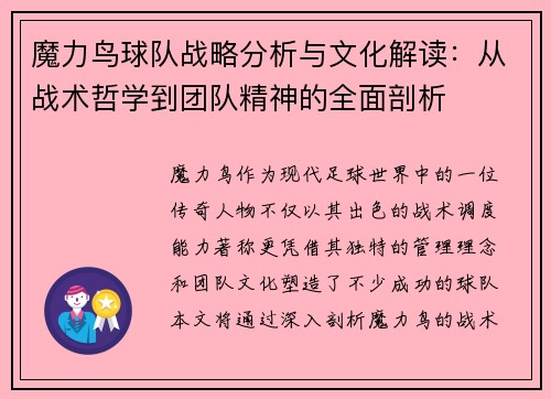 魔力鸟球队战略分析与文化解读：从战术哲学到团队精神的全面剖析