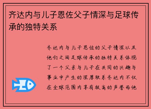 齐达内与儿子恩佐父子情深与足球传承的独特关系