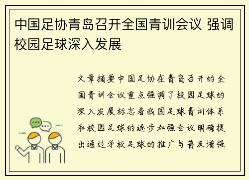 中国足协青岛召开全国青训会议 强调校园足球深入发展
